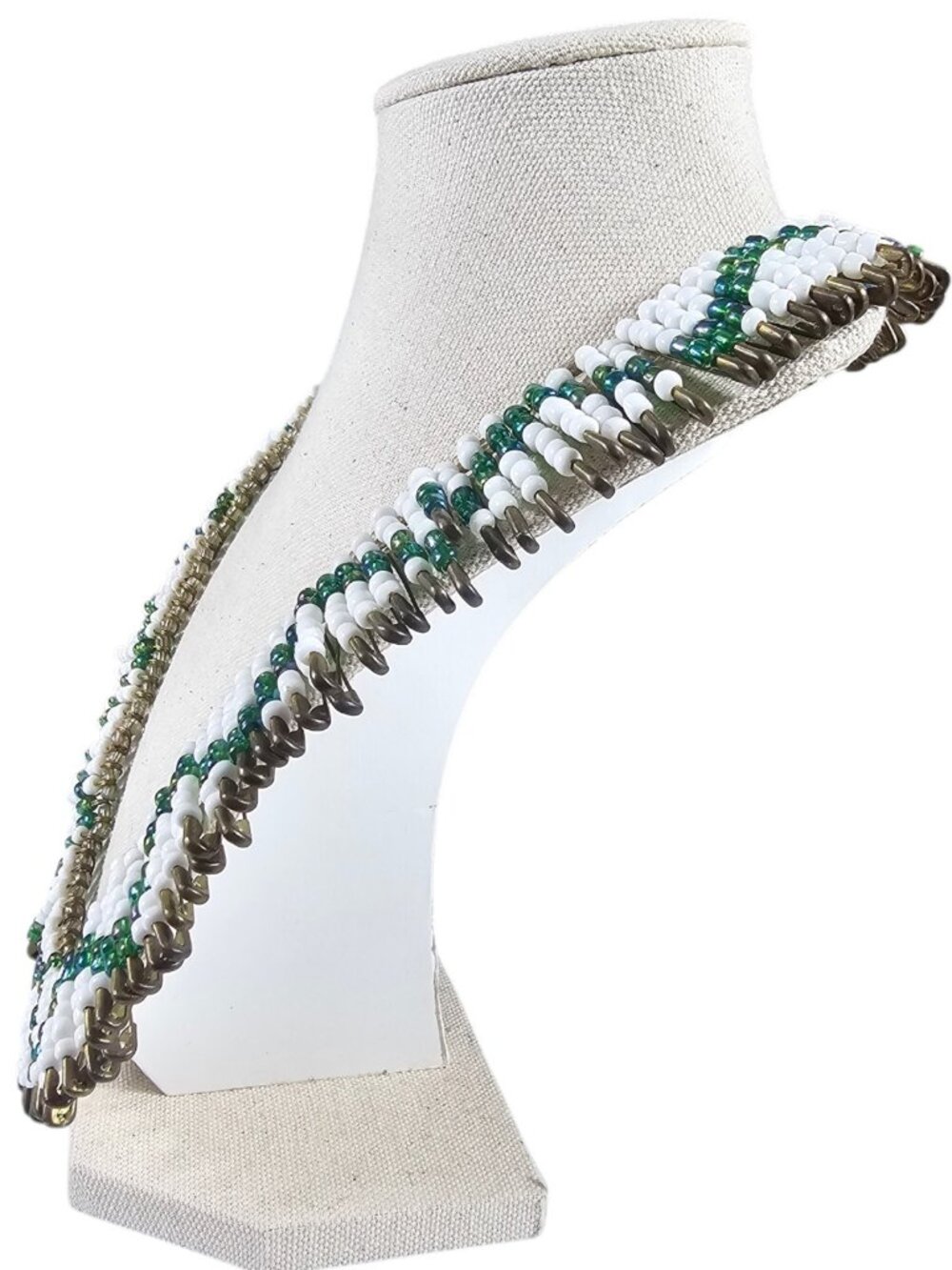 Safety Pin Beaded Necklace 22.5” White Green Glass Beads Statement Boho Tribal - Picture 4 of 10